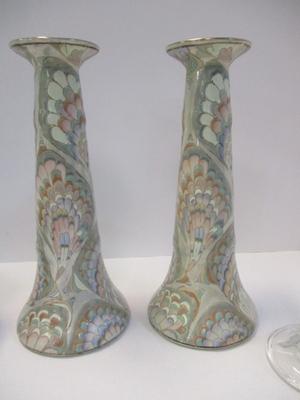 Frederick Cooper Tall Candlestick Holder Hand Painted & Glazed w/ Pastel Colors & Crystal/Glass/Pottery Candle Holders