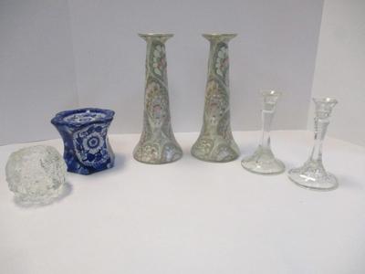 Frederick Cooper Tall Candlestick Holder Hand Painted & Glazed w/ Pastel Colors & Crystal/Glass/Pottery Candle Holders