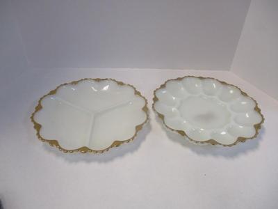 Mid Century Anchor Hocking Milk Glass Gilded Gold Edge Divided Platter & Deviled Egg Platter