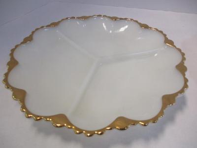 Mid Century Anchor Hocking Milk Glass Gilded Gold Edge Divided Platter & Deviled Egg Platter