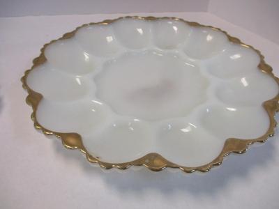 Mid Century Anchor Hocking Milk Glass Gilded Gold Edge Divided Platter & Deviled Egg Platter
