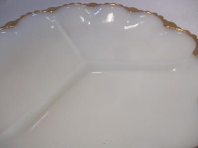 Mid Century Anchor Hocking Milk Glass Gilded Gold Edge Divided Platter & Deviled Egg Platter