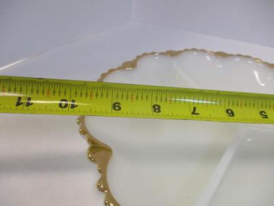 Mid Century Anchor Hocking Milk Glass Gilded Gold Edge Divided Platter & Deviled Egg Platter