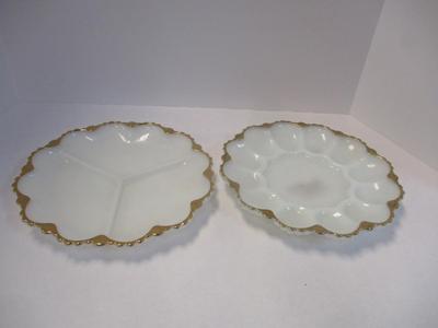Mid Century Anchor Hocking Milk Glass Gilded Gold Edge Divided Platter & Deviled Egg Platter