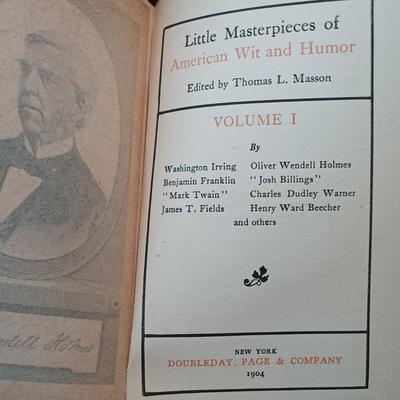 LOT 7: Set of (5) Early 20th Century Leather Bound Miniature 2" Books, Six Volumes of the 1904 Master Pieces of Humor & More