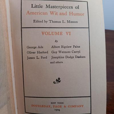 LOT 7: Set of (5) Early 20th Century Leather Bound Miniature 2" Books, Six Volumes of the 1904 Master Pieces of Humor & More