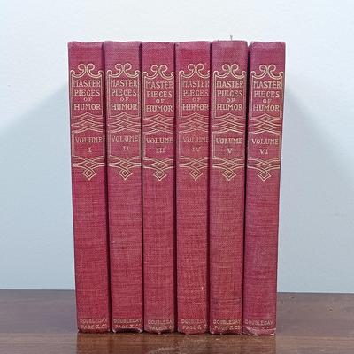 LOT 7: Set of (5) Early 20th Century Leather Bound Miniature 2" Books, Six Volumes of the 1904 Master Pieces of Humor & More