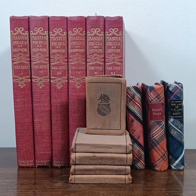 LOT 7: Set of (5) Early 20th Century Leather Bound Miniature 2" Books, Six Volumes of the 1904 Master Pieces of Humor & More