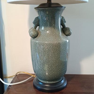 LOT 112: Celadon-Tone Crackle Pottery and Wood Lamps with Framed Van Gogh Print
