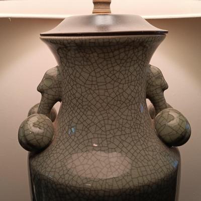 LOT 112: Celadon-Tone Crackle Pottery and Wood Lamps with Framed Van Gogh Print