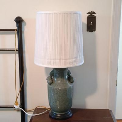 LOT 112: Celadon-Tone Crackle Pottery and Wood Lamps with Framed Van Gogh Print