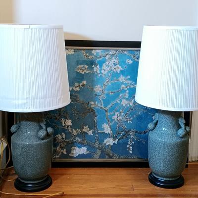 LOT 112: Celadon-Tone Crackle Pottery and Wood Lamps with Framed Van Gogh Print