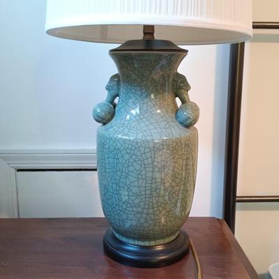 LOT 112: Celadon-Tone Crackle Pottery and Wood Lamps with Framed Van Gogh Print