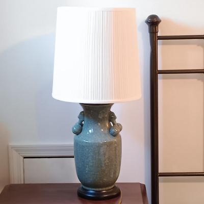 LOT 112: Celadon-Tone Crackle Pottery and Wood Lamps with Framed Van Gogh Print
