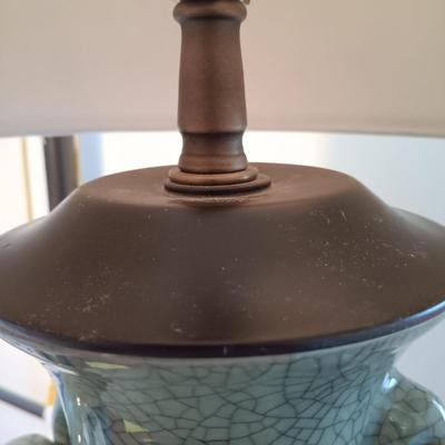 LOT 112: Celadon-Tone Crackle Pottery and Wood Lamps with Framed Van Gogh Print