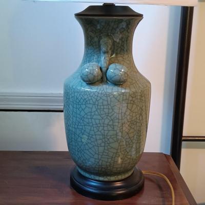 LOT 112: Celadon-Tone Crackle Pottery and Wood Lamps with Framed Van Gogh Print