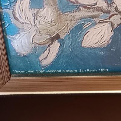 LOT 112: Celadon-Tone Crackle Pottery and Wood Lamps with Framed Van Gogh Print