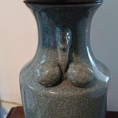 LOT 112: Celadon-Tone Crackle Pottery and Wood Lamps with Framed Van Gogh Print
