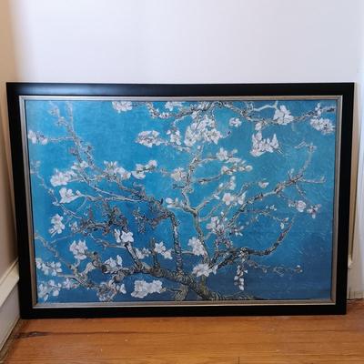 LOT 112: Celadon-Tone Crackle Pottery and Wood Lamps with Framed Van Gogh Print