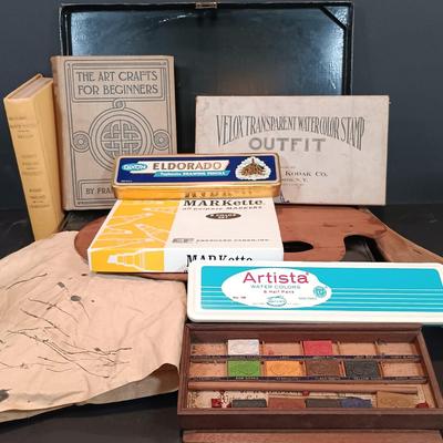 LOT 113: Antique Metal Artist Box w/ J. Rogers Watercolor Box, Sanford's Art Crafts for Beginners 1904 & More