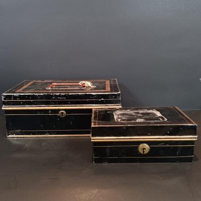 LOT 114: Antique Metal Cash Boxes with Gift of the Colonies Chocolate Tin