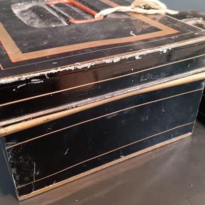 LOT 114: Antique Metal Cash Boxes with Gift of the Colonies Chocolate Tin