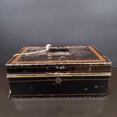 LOT 114: Antique Metal Cash Boxes with Gift of the Colonies Chocolate Tin