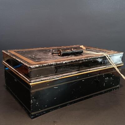 LOT 114: Antique Metal Cash Boxes with Gift of the Colonies Chocolate Tin