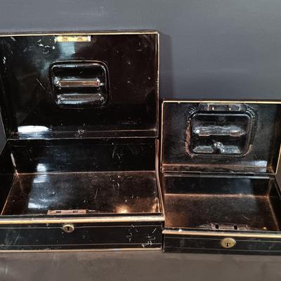 LOT 114: Antique Metal Cash Boxes with Gift of the Colonies Chocolate Tin