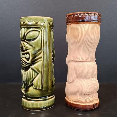 LOT 115: Hand Carved Wood Elephant Napkin Ring and Rabbit with Orchids of Hawaii and PMP Pottery Tiki Mugs