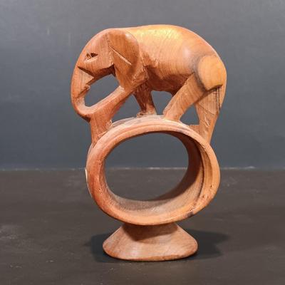 LOT 115: Hand Carved Wood Elephant Napkin Ring and Rabbit with Orchids of Hawaii and PMP Pottery Tiki Mugs