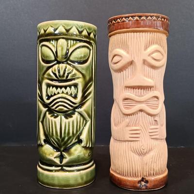 LOT 115: Hand Carved Wood Elephant Napkin Ring and Rabbit with Orchids of Hawaii and PMP Pottery Tiki Mugs