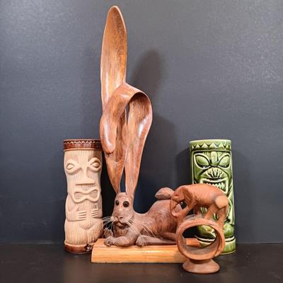 LOT 115: Hand Carved Wood Elephant Napkin Ring and Rabbit with Orchids of Hawaii and PMP Pottery Tiki Mugs
