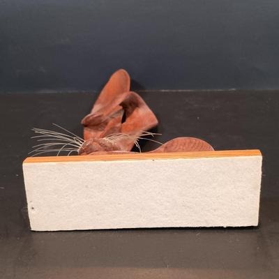 LOT 115: Hand Carved Wood Elephant Napkin Ring and Rabbit with Orchids of Hawaii and PMP Pottery Tiki Mugs