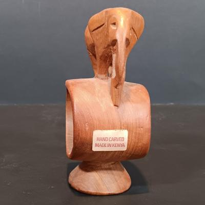 LOT 115: Hand Carved Wood Elephant Napkin Ring and Rabbit with Orchids of Hawaii and PMP Pottery Tiki Mugs