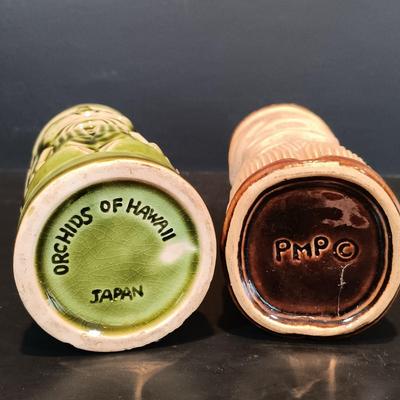 LOT 115: Hand Carved Wood Elephant Napkin Ring and Rabbit with Orchids of Hawaii and PMP Pottery Tiki Mugs