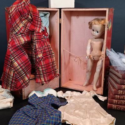 LOT 116: Large Collection of Vintage Dolls, Clothes and Metal Trunk with Book Trails 1940s Volumes 1-8