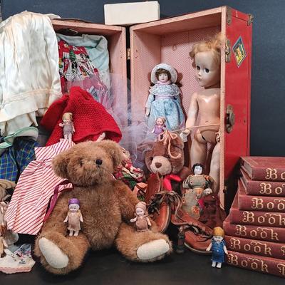 LOT 116: Large Collection of Vintage Dolls, Clothes and Metal Trunk with Book Trails 1940s Volumes 1-8