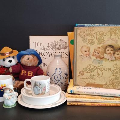 LOT 118: Wedgwood Peter Rabbit Dishware, Northwood N.H. Handpainted Signed Stoneware Jug, Books & More