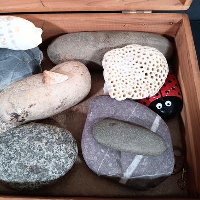 LOT 119: McGraw Box Co. Cedar Box, Carved Stone Whale, Glass Bead Art & More