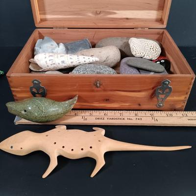 LOT 119: McGraw Box Co. Cedar Box, Carved Stone Whale, Glass Bead Art & More
