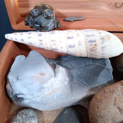 LOT 119: McGraw Box Co. Cedar Box, Carved Stone Whale, Glass Bead Art & More