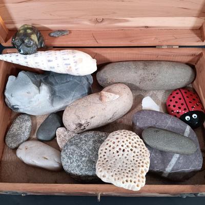 LOT 119: McGraw Box Co. Cedar Box, Carved Stone Whale, Glass Bead Art & More
