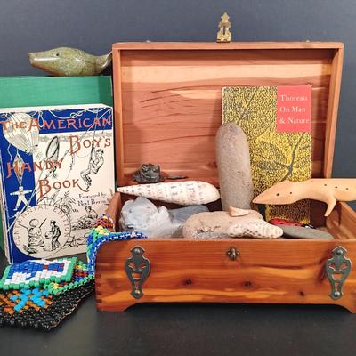LOT 119: McGraw Box Co. Cedar Box, Carved Stone Whale, Glass Bead Art & More