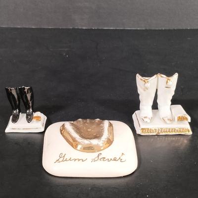 LOT 120: Milk Glass Eggs, Eye Wash Cups, Miniature Bisque Dogs, Porcelain Cigarette Holder Boots & More