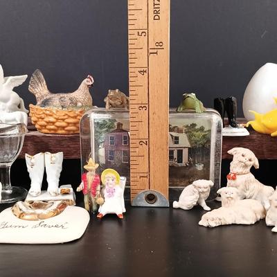 LOT 120: Milk Glass Eggs, Eye Wash Cups, Miniature Bisque Dogs, Porcelain Cigarette Holder Boots & More