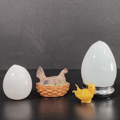 LOT 120: Milk Glass Eggs, Eye Wash Cups, Miniature Bisque Dogs, Porcelain Cigarette Holder Boots & More