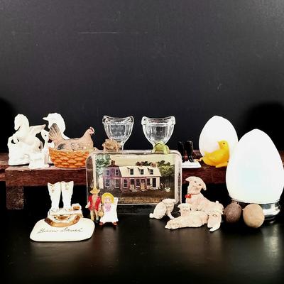 LOT 120: Milk Glass Eggs, Eye Wash Cups, Miniature Bisque Dogs, Porcelain Cigarette Holder Boots & More