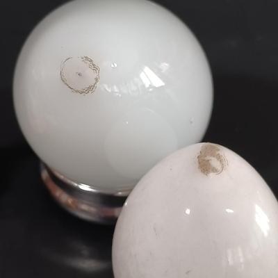 LOT 120: Milk Glass Eggs, Eye Wash Cups, Miniature Bisque Dogs, Porcelain Cigarette Holder Boots & More