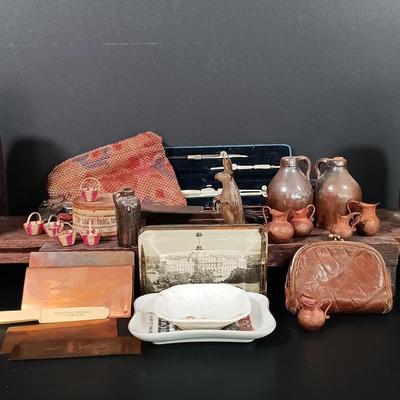 LOT 122: Miniature Copper Pitchers, Handblown Glass Animal, Copper Print Plates, Drafting Tools & More